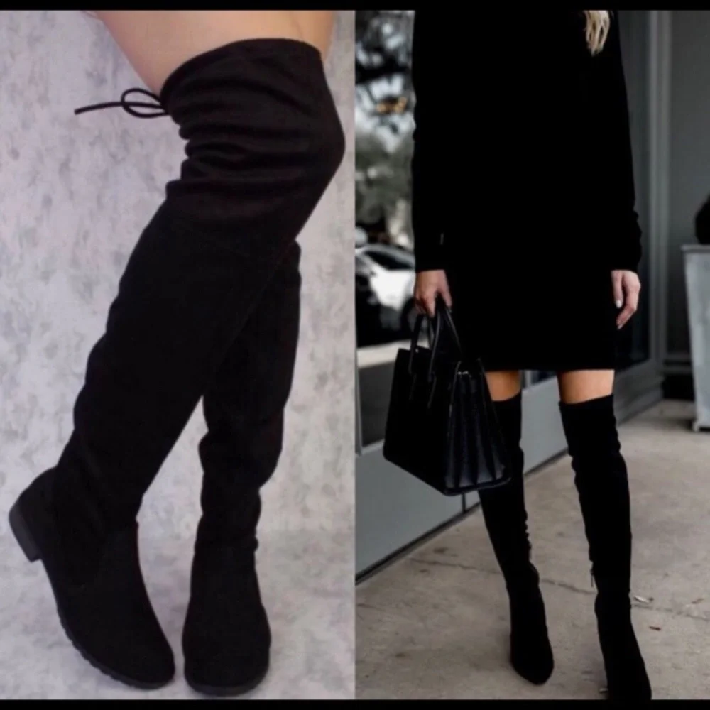 Black faux suede women tall boots drawstring black